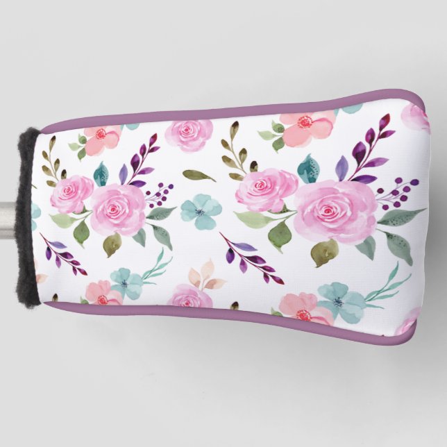 Pink flower watercolor seamless golf head cover (Front)