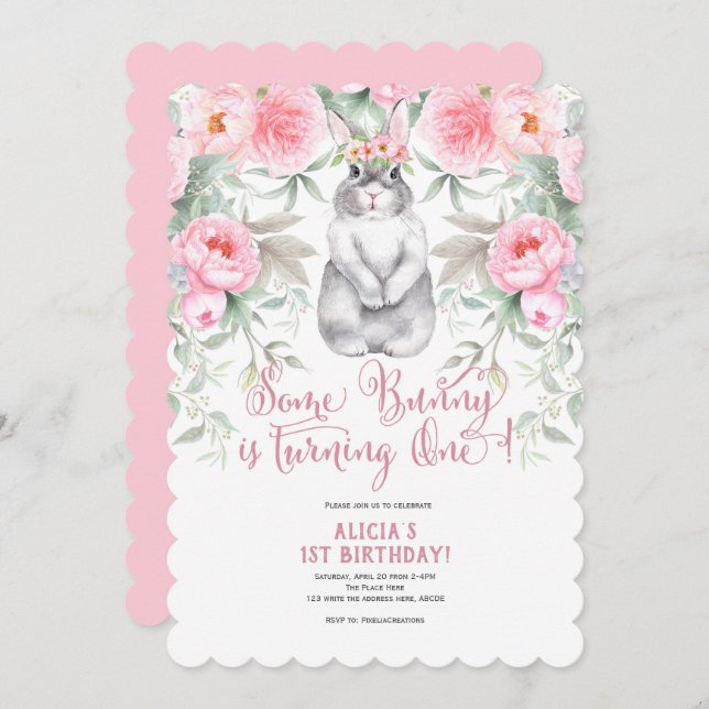 Pink Flower, Watercolor, Some Bunny is One Invitation (Front/Back)