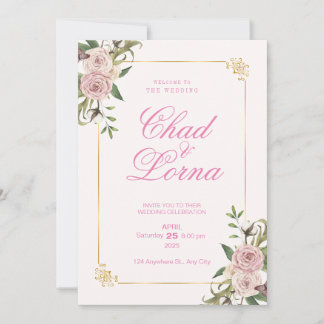 Pink Flower Watercolor Wedding Invitation Card
