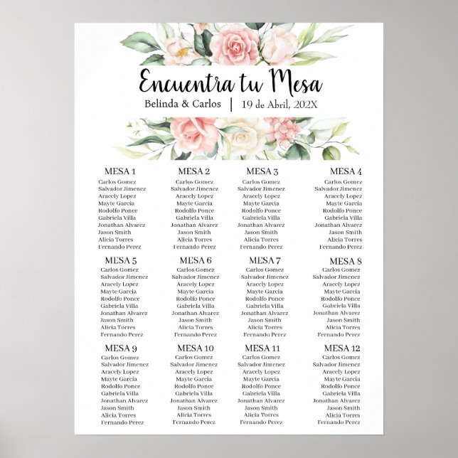 Pink flower wedding seating chart (Front)