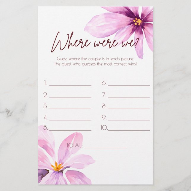 Pink Flower Where were we bridal shower game (Front)
