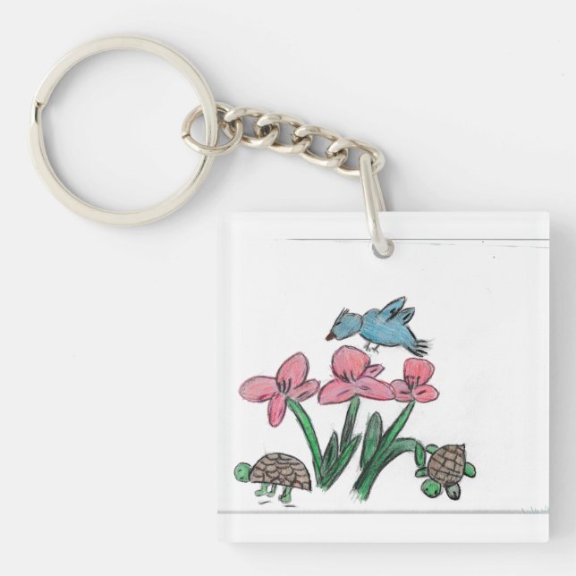 Pink Flower with Bird  Key Ring (Front)
