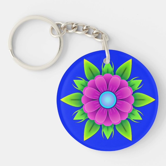 Pink Flower with Green Leaves Key Ring (Front)