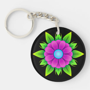 Pink Flower with Green Leaves Key Ring