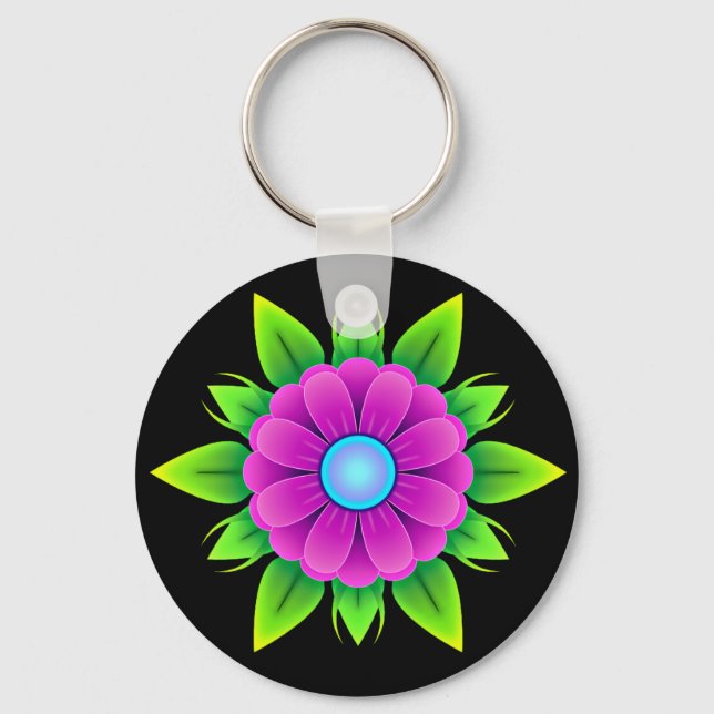 Pink Flower with Green Leaves Key Ring (Front)