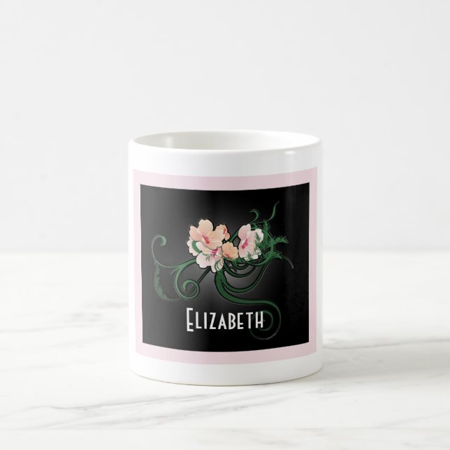 Pink Flower with Green Swirlies Personalised Coffee Mug (Center)