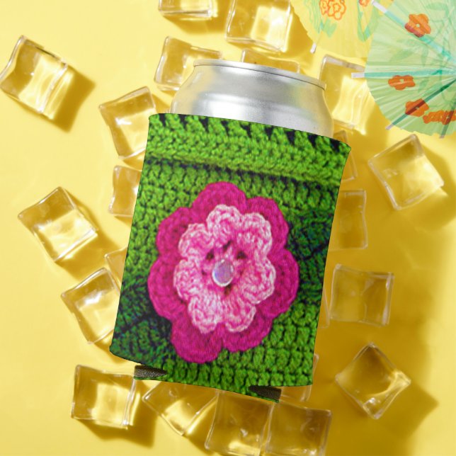 Pink Flower with Pearl Button Light Green Crochet Can Cooler (In Situ Summer)