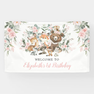 Pink Flower Woodland Forest Animals Girls Birthday Banner