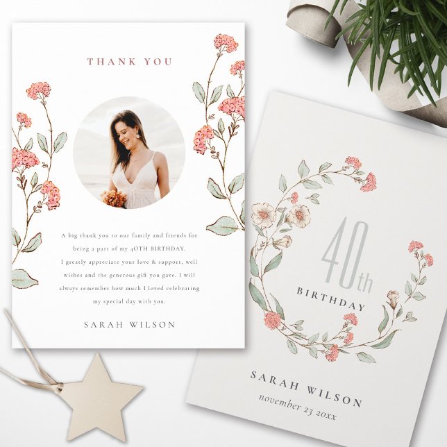 Pink Flower Wreath Photo Any Age Birthday Thank You Card (Creator Uploaded)