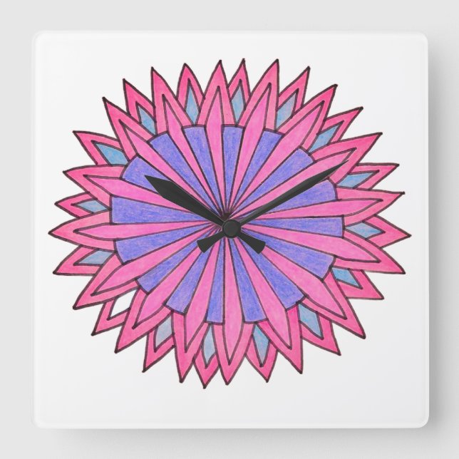 Pink Flowerburst Square Wall Clock (Front)