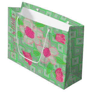 Pink Flowered With Green and  Grey Large Gift Bag