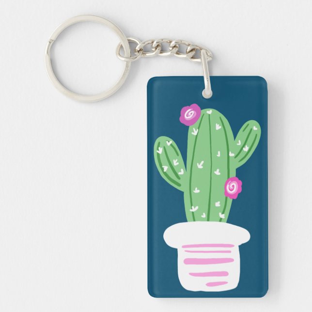Pink Flowering Cactus Doodle | Personalised Key Ring (Front)