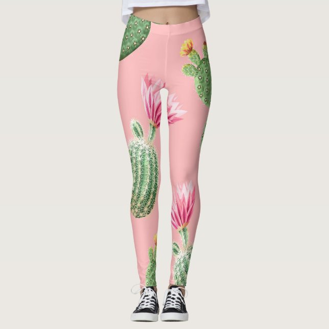 Pink Flowering Cactus Light Background Leggings (Front)
