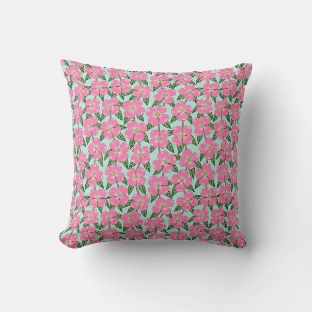 pink flowering dogwood line drawing floral on aqua cushion (Front)