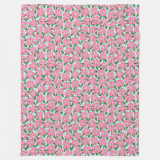 pink flowering dogwood line drawing floral on aqua fleece blanket