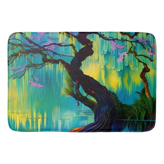 Pink Flowering Tree over turquoise Water  Bath Mat (Front)
