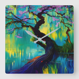 Pink Flowering Tree over turquoise Water  Square Wall Clock