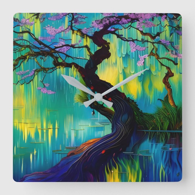 Pink Flowering Tree over turquoise Water  Square Wall Clock (Front)