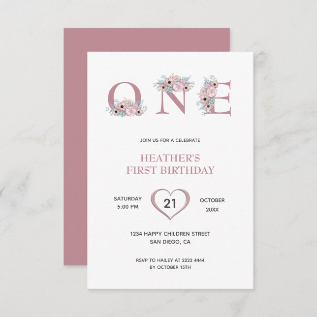 Pink Flowers 1st Birthday Invitation (Front/Back)