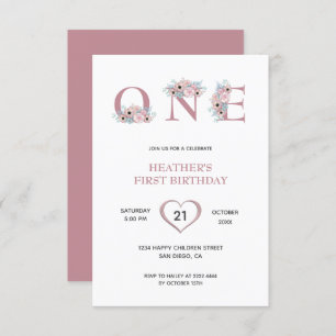 Pink Flowers 1st Birthday Invitation