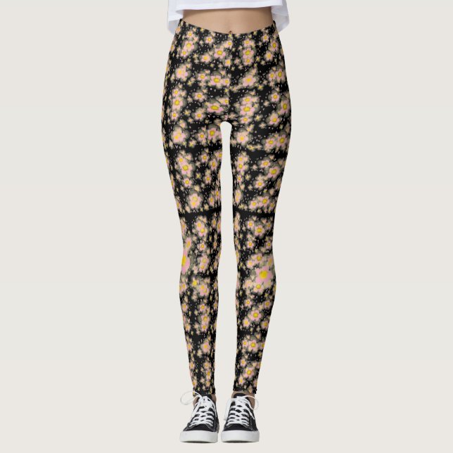 Pink Flowers Abstract Black Leggings (Front)