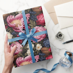 Pink flowers and berries botanical pattern wrapping paper