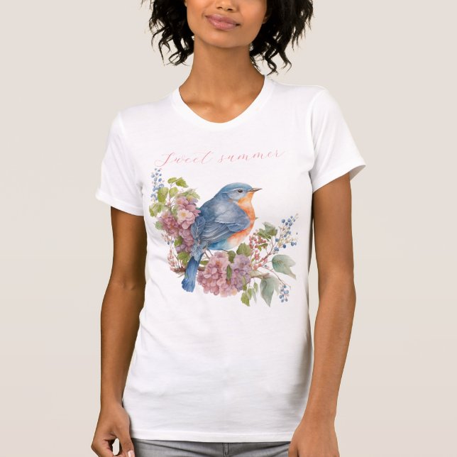 Pink flowers and blue bird women's T-Shirt (Front)