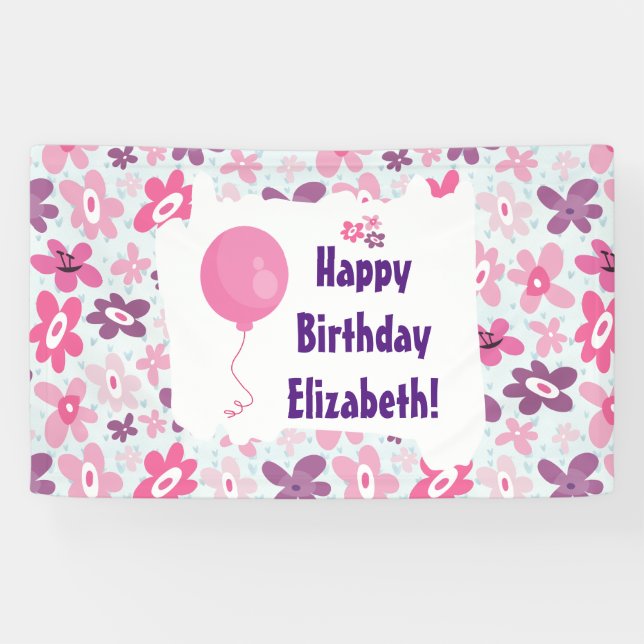 Pink Flowers and Blue Hearts Cute Birthday Banner (Horizontal)