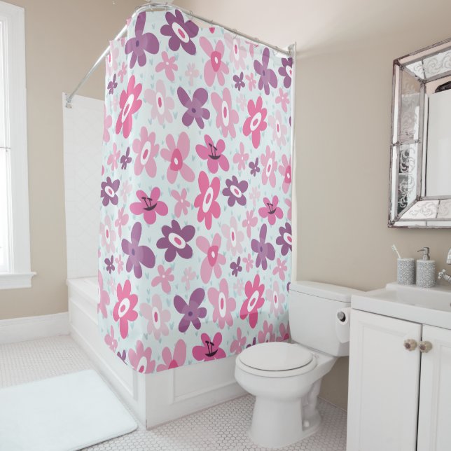Pink Flowers and Blue Hearts Cute Whimsical Shower Curtain (In Situ)