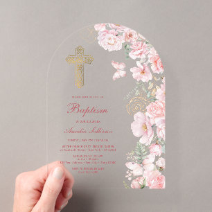 Pink Flowers and Butterflies Arch Baptism Acrylic Invitations