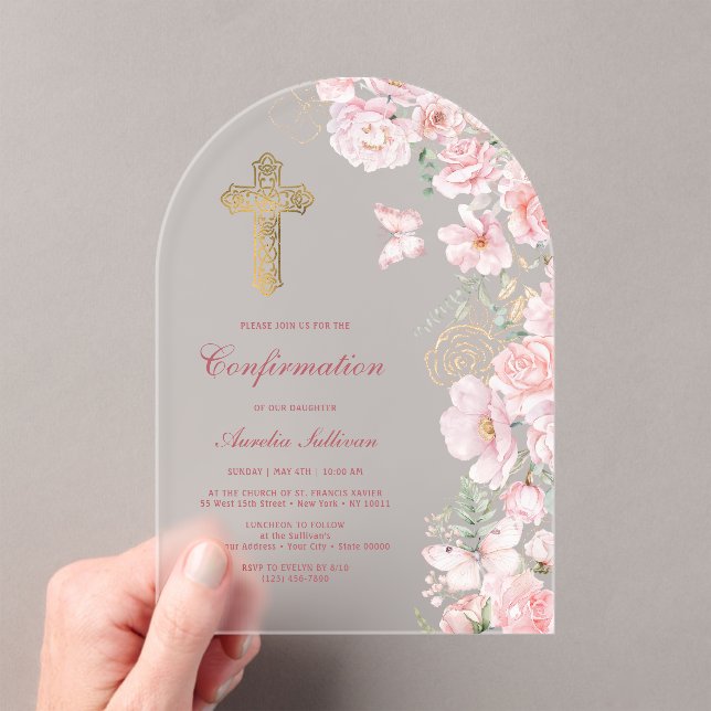 Pink Flowers and Butterflies Arch Confirmation Acrylic Invitations (Insitu (Handheld))