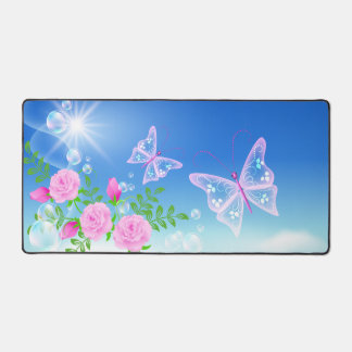 Pink Flowers And Butterflies Desk Mat