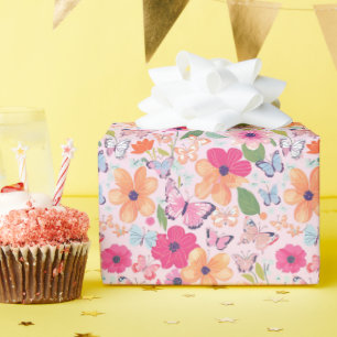 Pink Flowers and Butterflies Gift Wrap