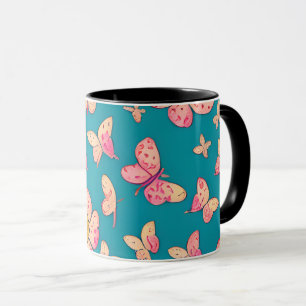 Pink Flowers and Butterflies Pattern Background  Mug
