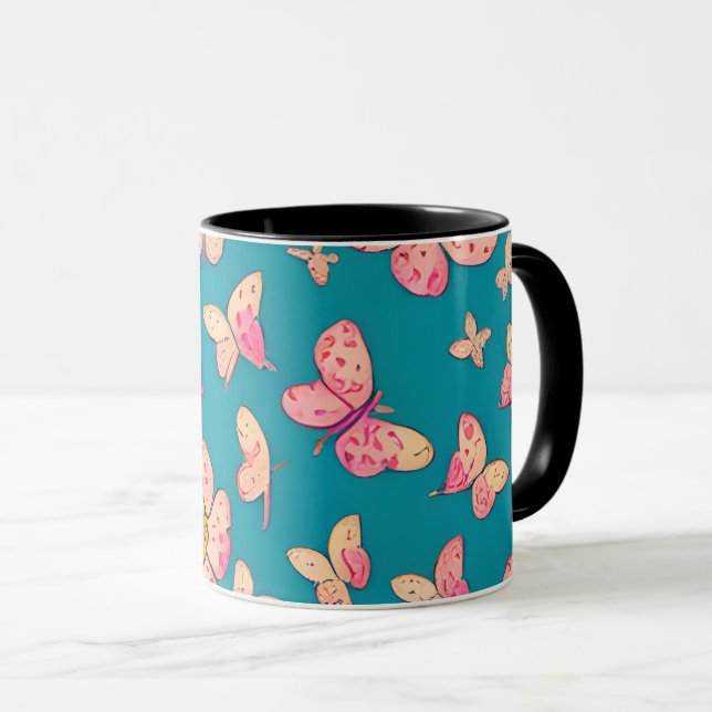 Pink Flowers and Butterflies Pattern Background  Mug (Front Right)