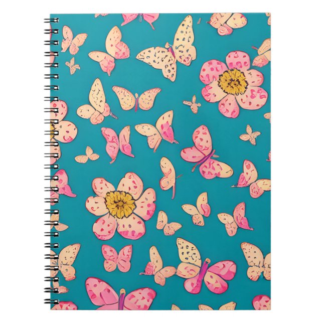 Pink Flowers and Butterflies Pattern Background  Notebook (Front)