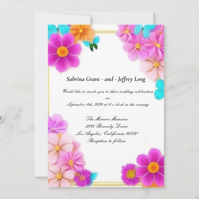 Pink Flowers and Butterflies Wedding Invitation (Front)