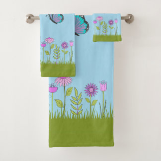 Pink Flowers and Butterfly All-Over Print Bath Towel Set