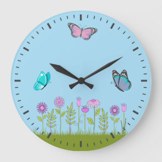 Pink Flowers and Butterfly All-Over Print Large Clock