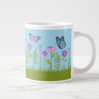 Pink Flowers and Butterfly All-Over Print Large Coffee Mug