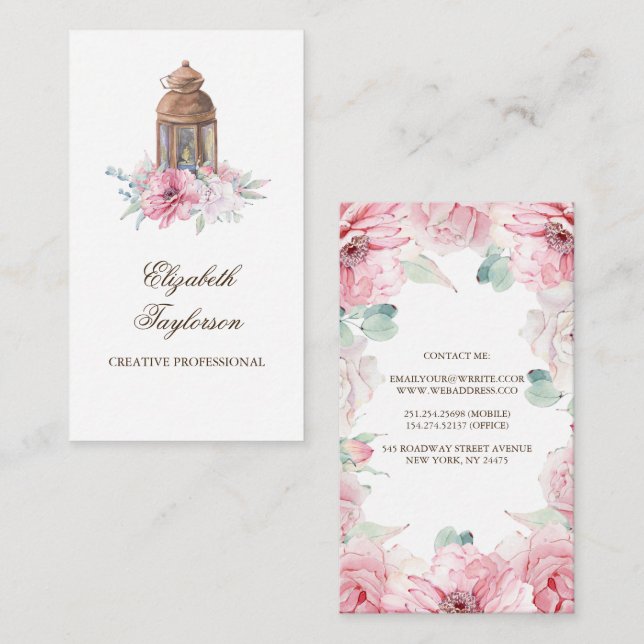 Pink Flowers and Candle Lit Lantern Business Card (Front/Back)