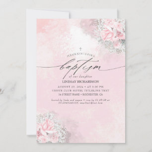 Pink Flowers and Cute Baby's Breath Girl's Baptism Invitation