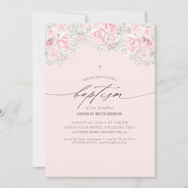 Pink Flowers and Cute Baby's Breath Girl's Baptism Invitation (Front)