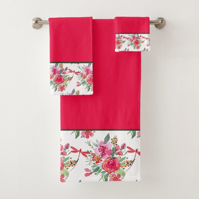 Pink flowers and dragonflies pattern  bath towel s (Insitu)