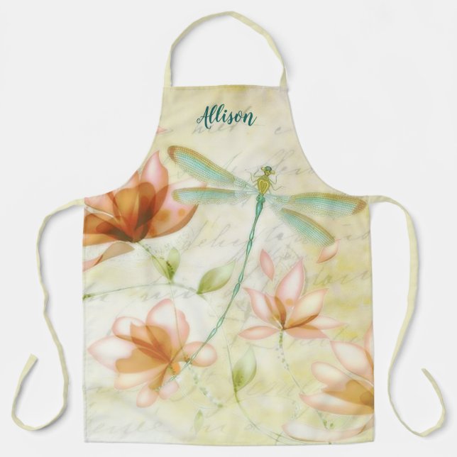 Pink flowers and dragonfly personalised apron (Front)