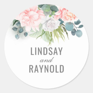 Pink Flowers and Eucalyptus Greenery Wedding Classic Round Sticker