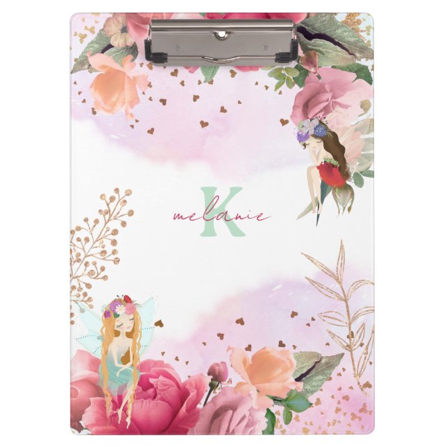 Pink Flowers And Fairies Girl Editable Clipboard (Front)