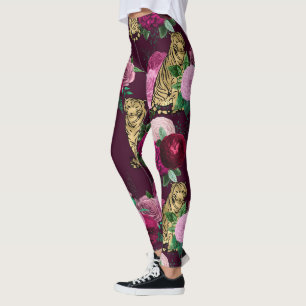 Pink Flowers and Gold Big Cats Print Workout Leggings