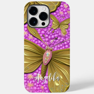 Pink Flowers and Gold Butterflies Name Case-Mate iPhone 14 Pro Max Case