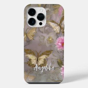 Pink Flowers and Gold Flowers Personalised Name Sh iPhone 14 Pro Max Case